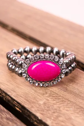 Fuchsia Bentley Silvertone Beaded Bracelet Set