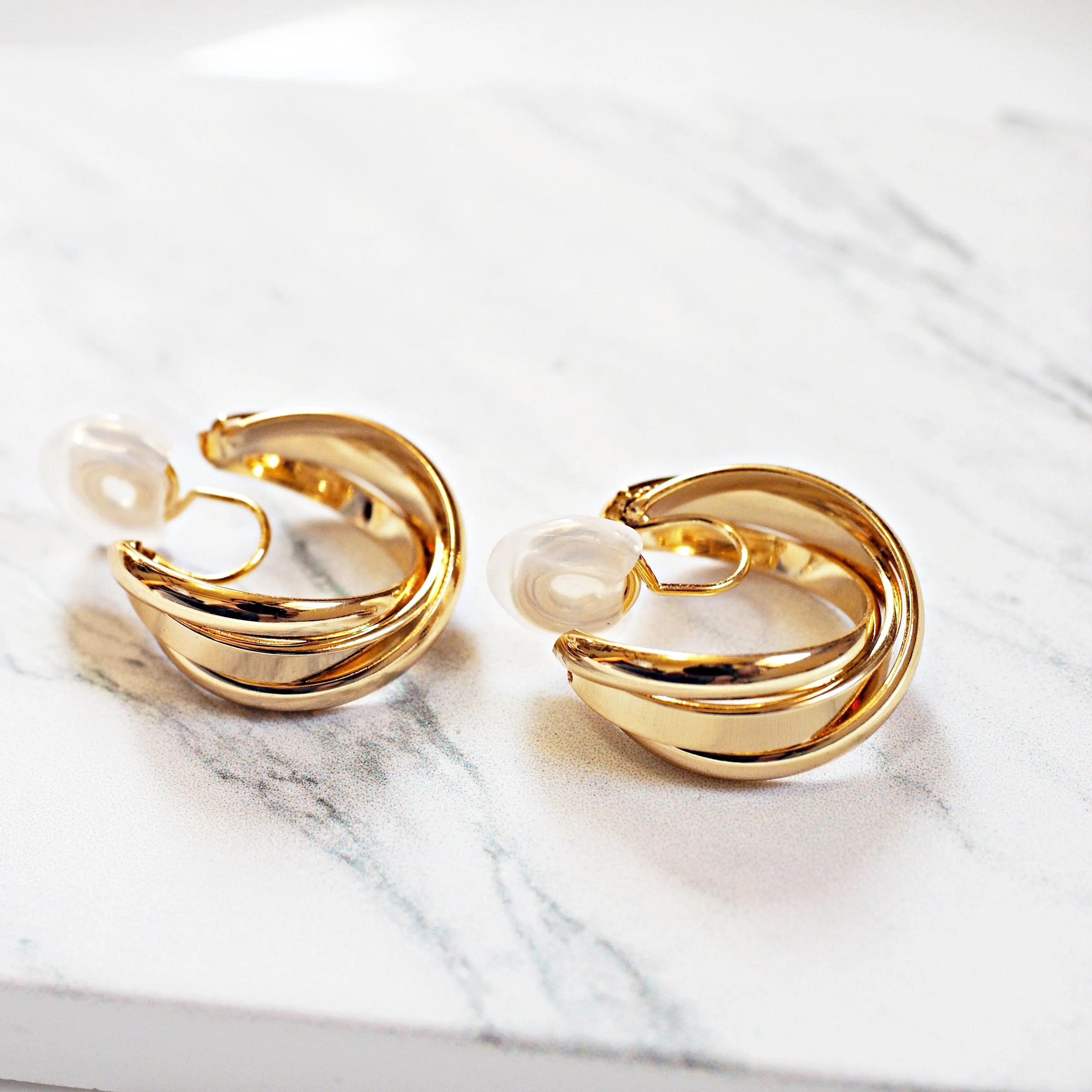Gold 20mm Triple Hoop Clip Angle Adjustable Spiral Clip On Earrings