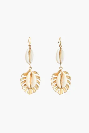 Gold and Shell Drop Earrings with Leaf Design