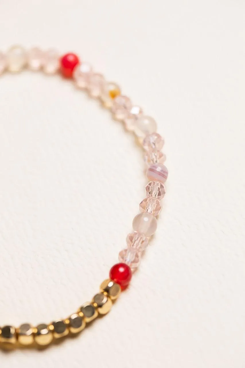 Gold Square Bead Bracelet | Pink Crystal