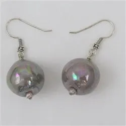 Grey Drop  Earrings in  Big Handmade Kazuri  Beads