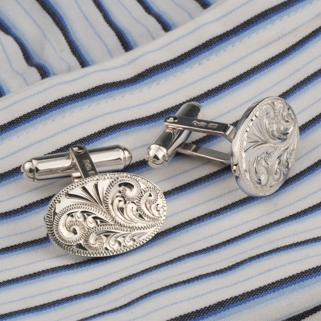 Hand Engraved Luxury Scroll Sterling Silver Cufflinks