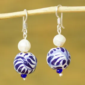 Indigo Bloom Cultured Pearl and Ceramic Puebla-Style Bead Dangle Earrings