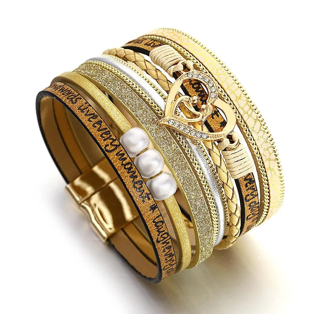 'Inspired Heart' Charm Cuff Bracelet - khaki