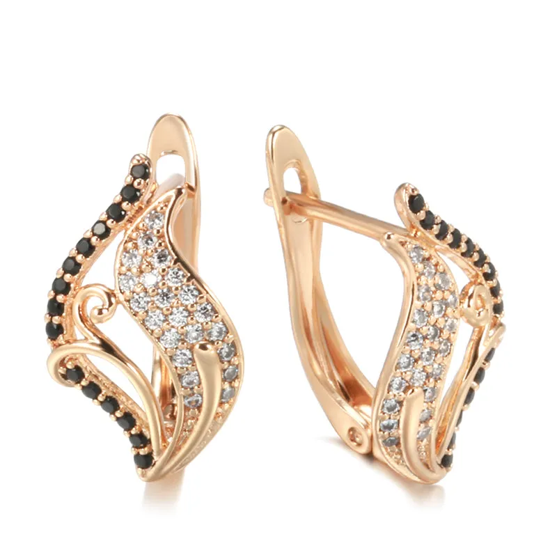 Ladies Rose Gold Curly Leaf Shape Natural Crystals Earrings