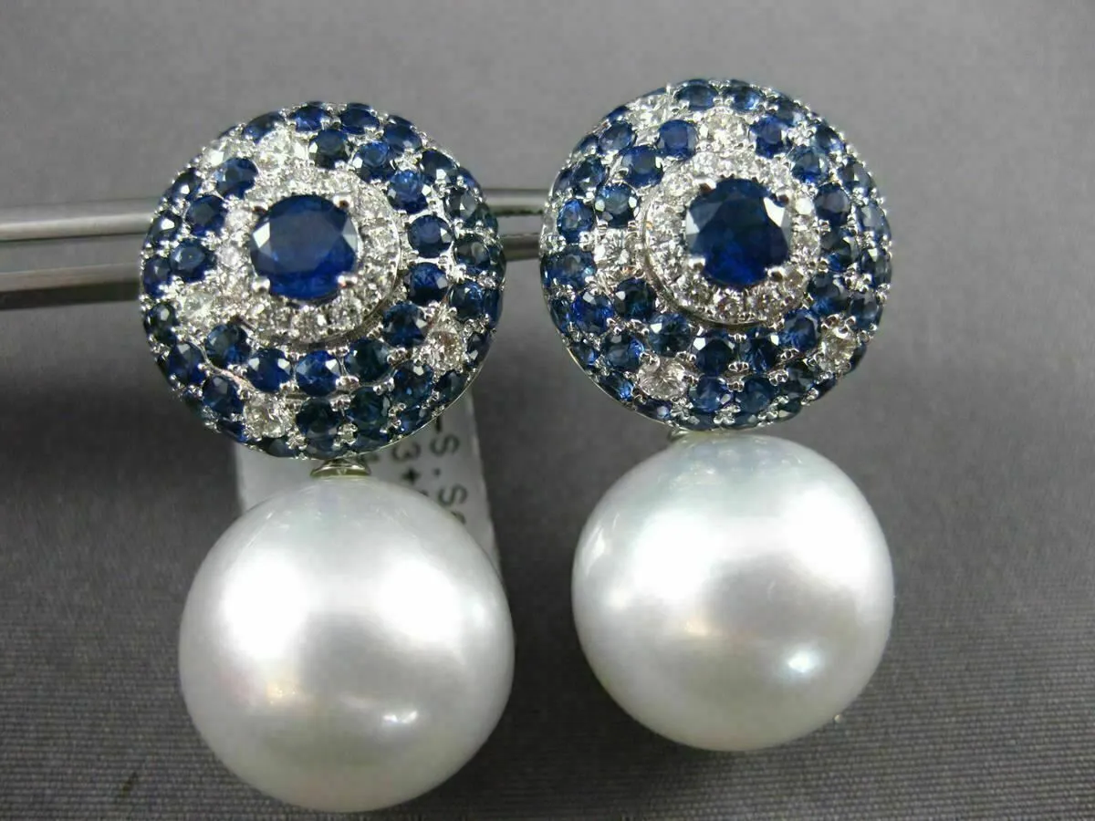LARGE 5.84CT DIAMOND AAA SAPPHIRE & SOUTH SEA PEARL 18KT WHITE GOLD 3D EARRINGS