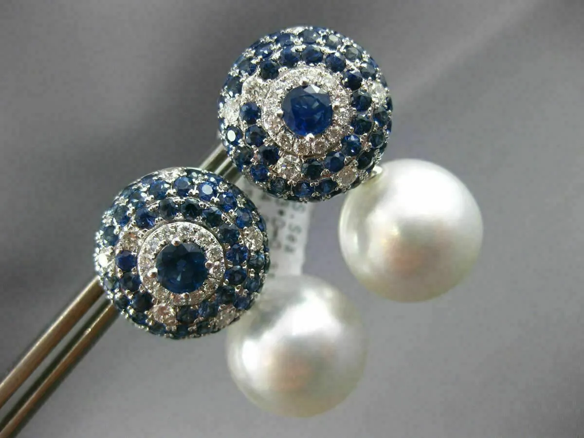 LARGE 5.84CT DIAMOND AAA SAPPHIRE & SOUTH SEA PEARL 18KT WHITE GOLD 3D EARRINGS