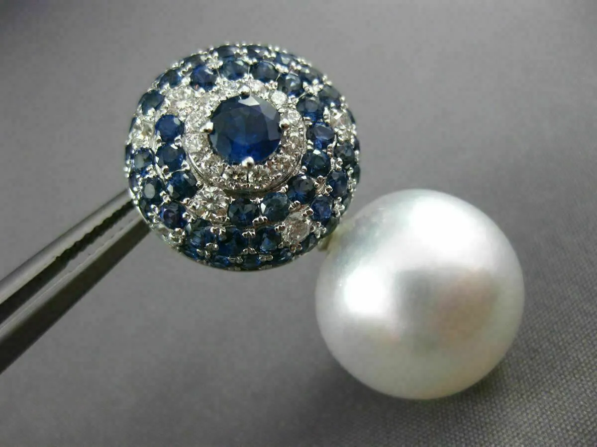 LARGE 5.84CT DIAMOND AAA SAPPHIRE & SOUTH SEA PEARL 18KT WHITE GOLD 3D EARRINGS
