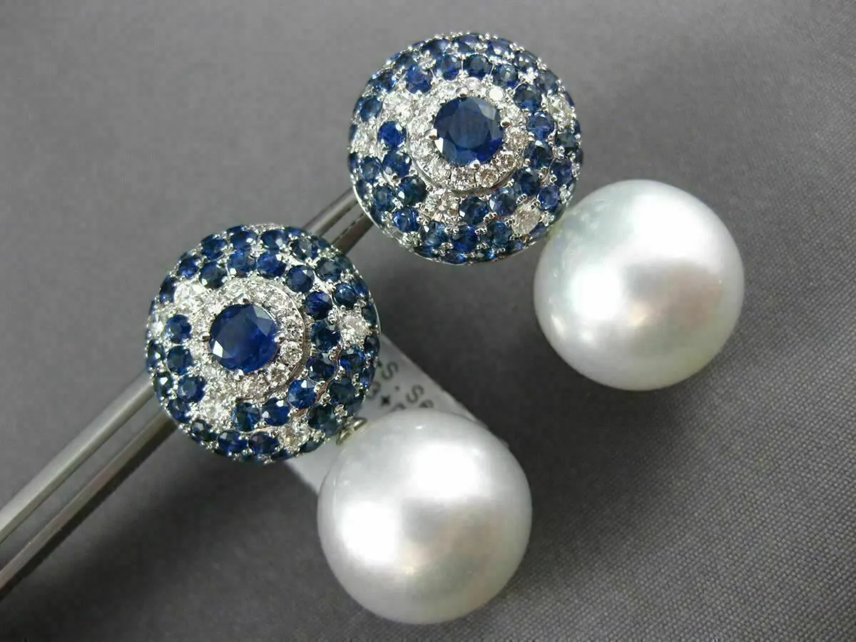 LARGE 5.84CT DIAMOND AAA SAPPHIRE & SOUTH SEA PEARL 18KT WHITE GOLD 3D EARRINGS