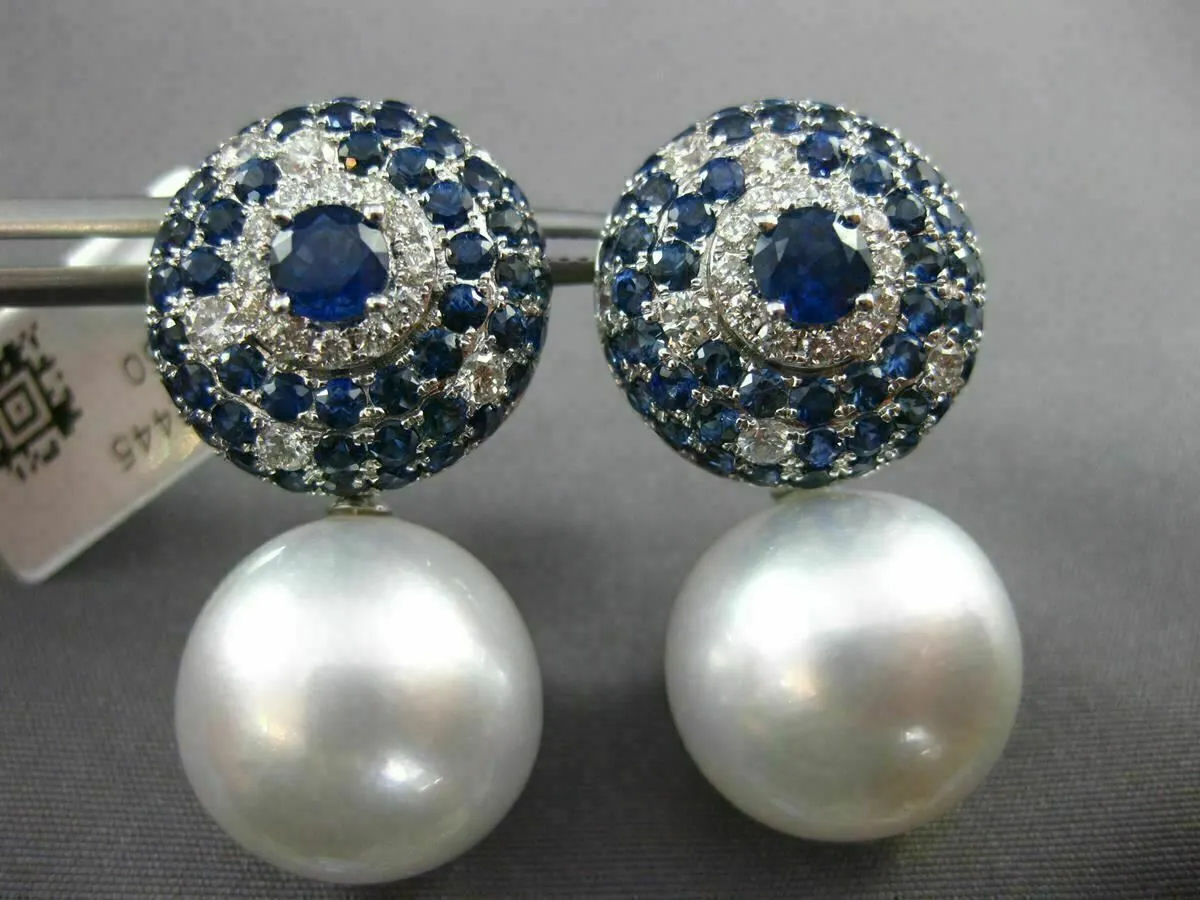 LARGE 5.84CT DIAMOND AAA SAPPHIRE & SOUTH SEA PEARL 18KT WHITE GOLD 3D EARRINGS