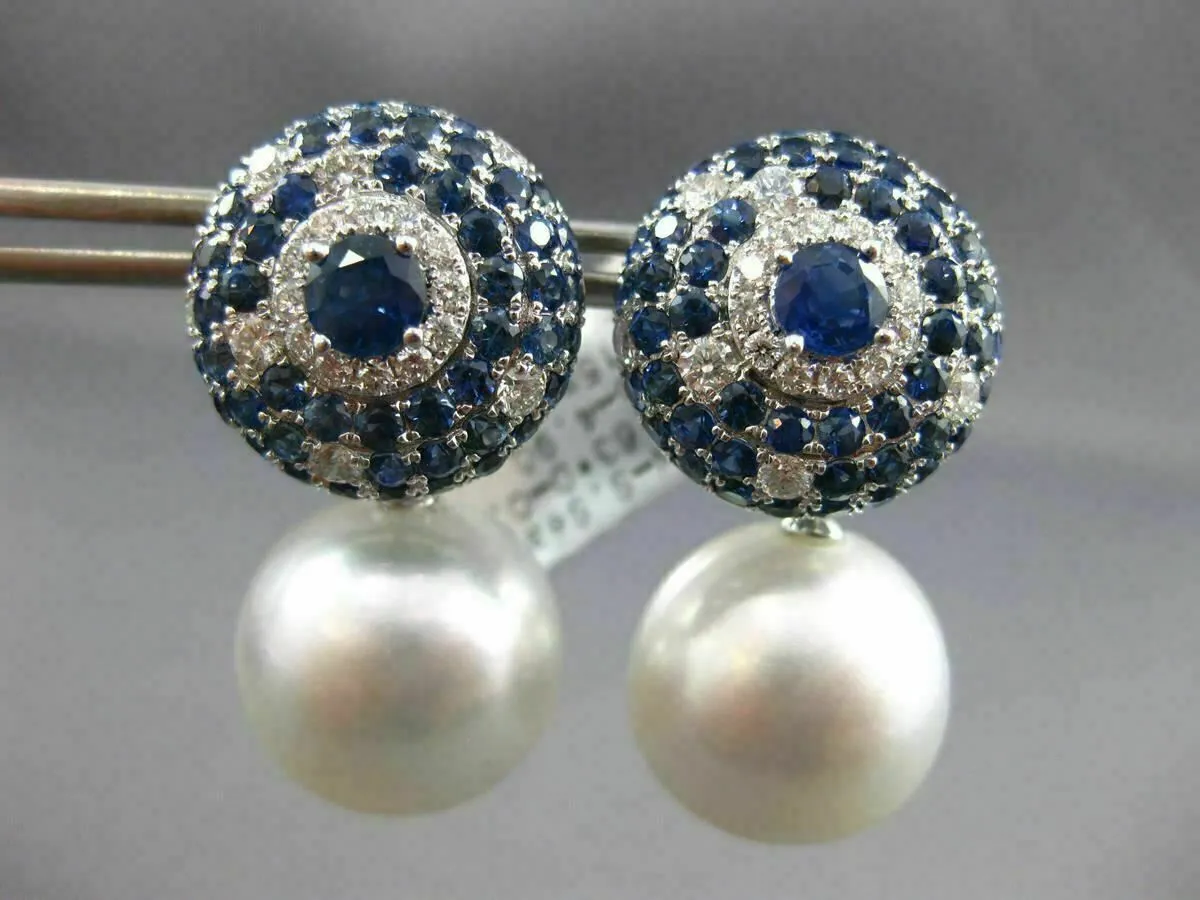 LARGE 5.84CT DIAMOND AAA SAPPHIRE & SOUTH SEA PEARL 18KT WHITE GOLD 3D EARRINGS