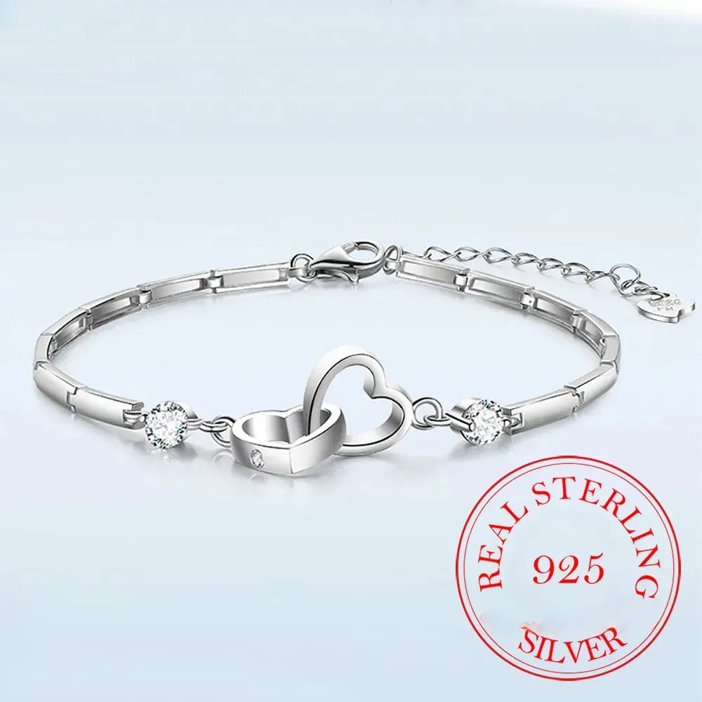 Lavish Crystal Double Heart 925 Sterling Silver Bracelets Bangles for Women Fine Accessories Jewelry