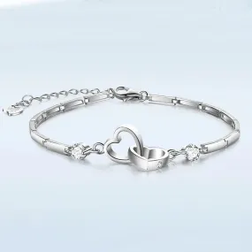 Lavish Crystal Double Heart 925 Sterling Silver Bracelets Bangles for Women Fine Accessories Jewelry