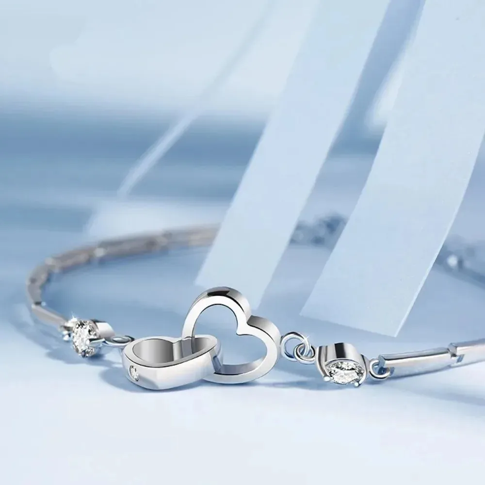 Lavish Crystal Double Heart 925 Sterling Silver Bracelets Bangles for Women Fine Accessories Jewelry