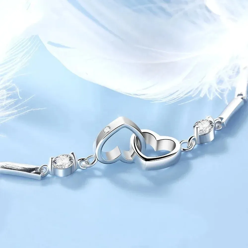 Lavish Crystal Double Heart 925 Sterling Silver Bracelets Bangles for Women Fine Accessories Jewelry