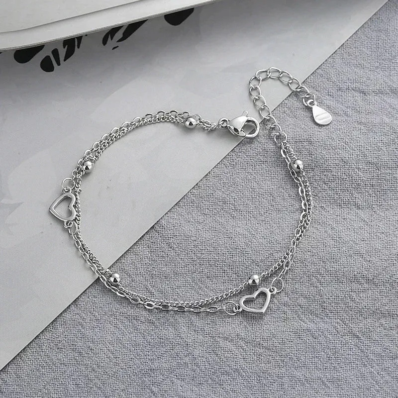 Lavish Double Heart Beads 925 Sterling Silver Chain Bracelets for Women Romantic Jewelry Accessories
