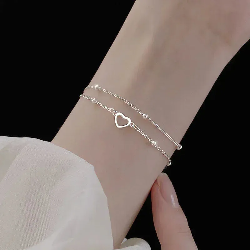 Lavish Double Heart Beads 925 Sterling Silver Chain Bracelets for Women Romantic Jewelry Accessories