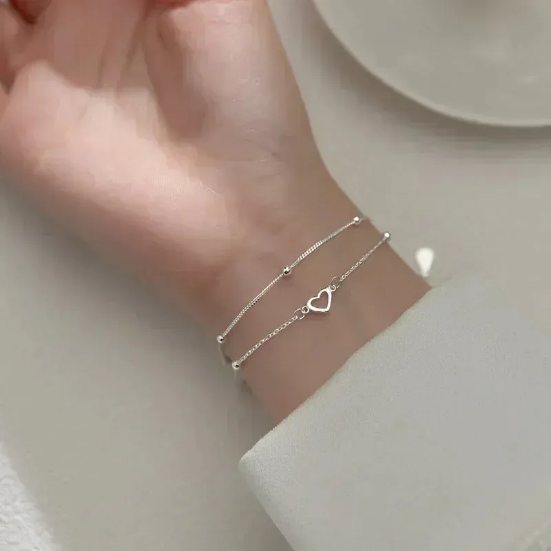 Lavish Double Heart Beads 925 Sterling Silver Chain Bracelets for Women Romantic Jewelry Accessories