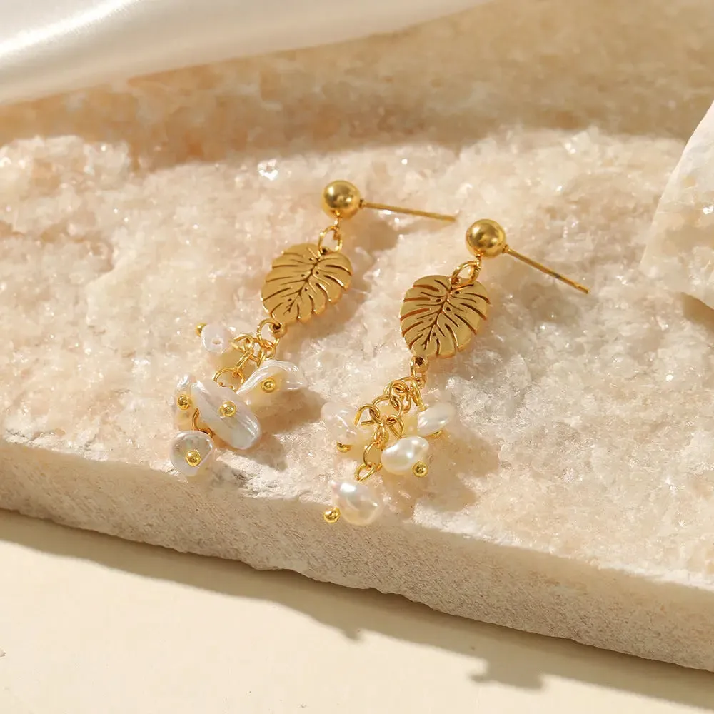 Leaf Pearl Gold Earrings