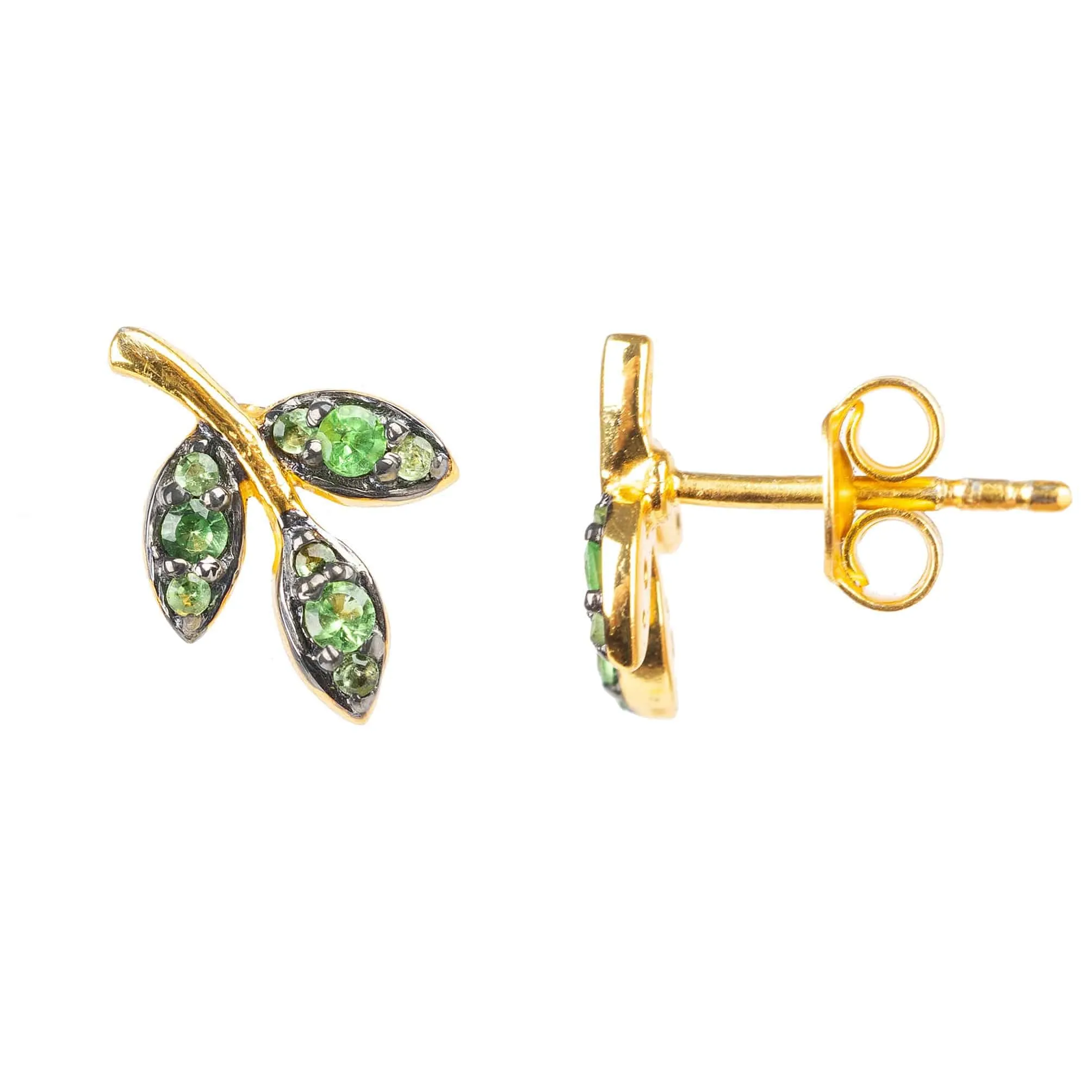 Leaf Stud Earrings Tsavorite Green Gold