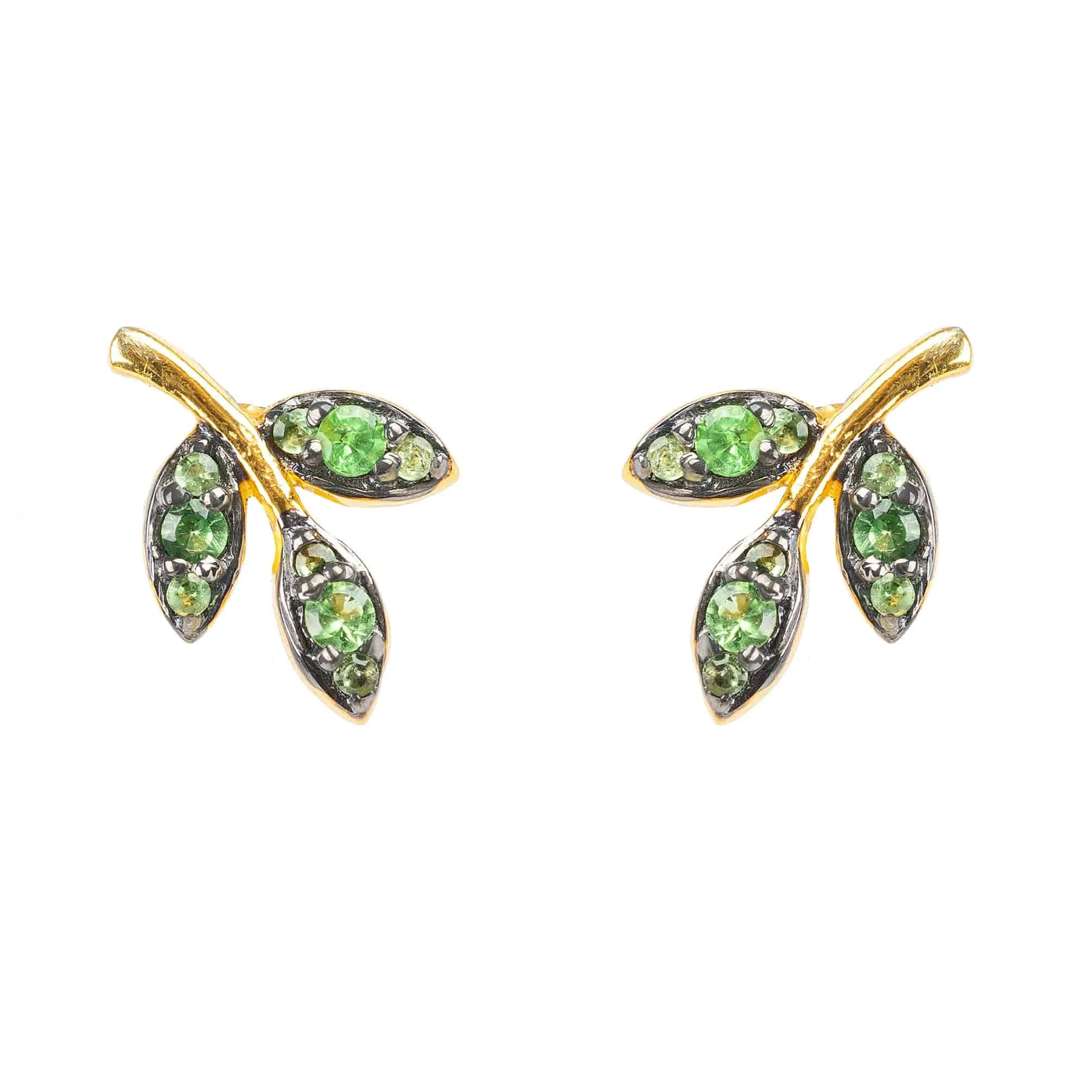 Leaf Stud Earrings Tsavorite Green Gold