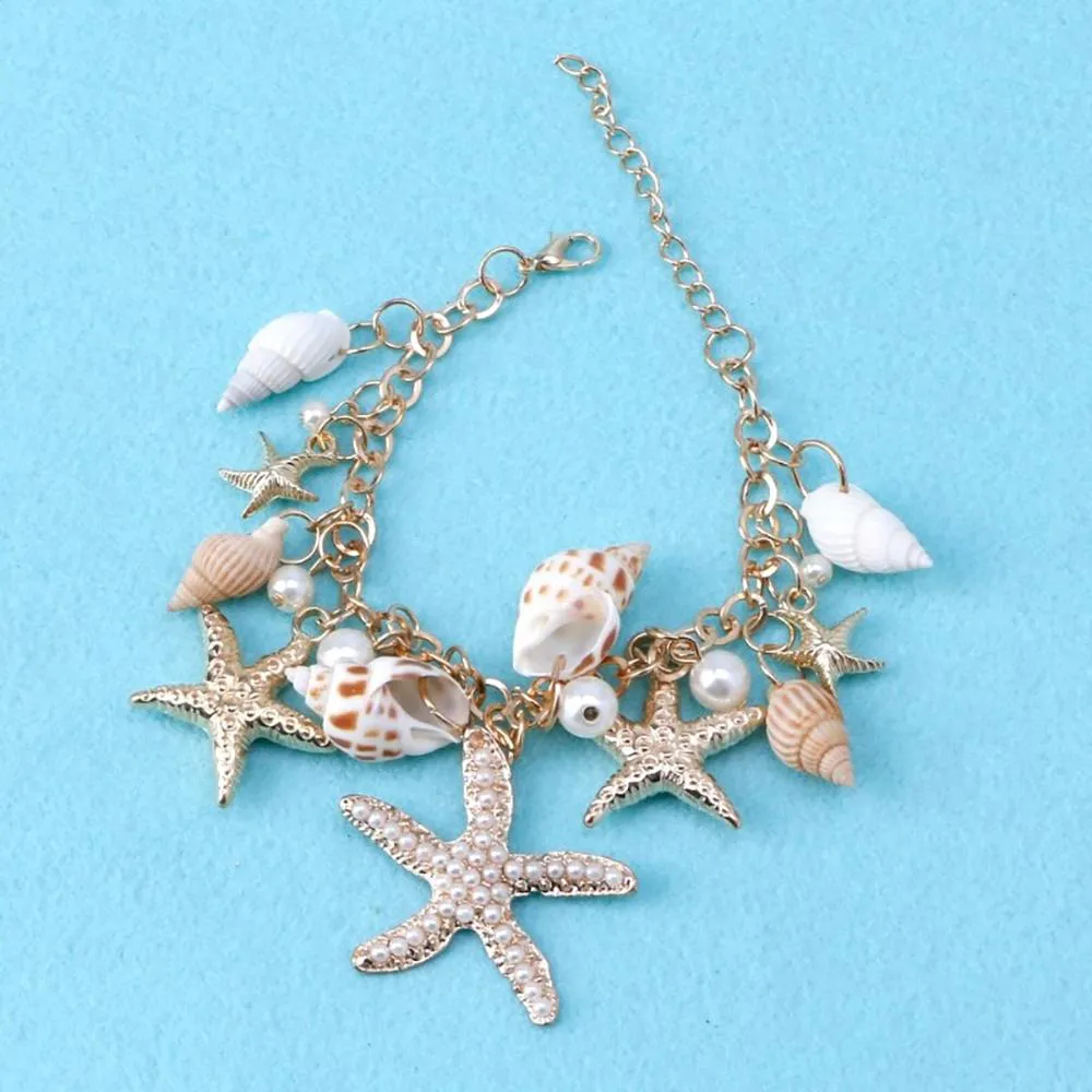 Lovely Sea Shells And Starfish Bracelet With Faux Pearl Charms