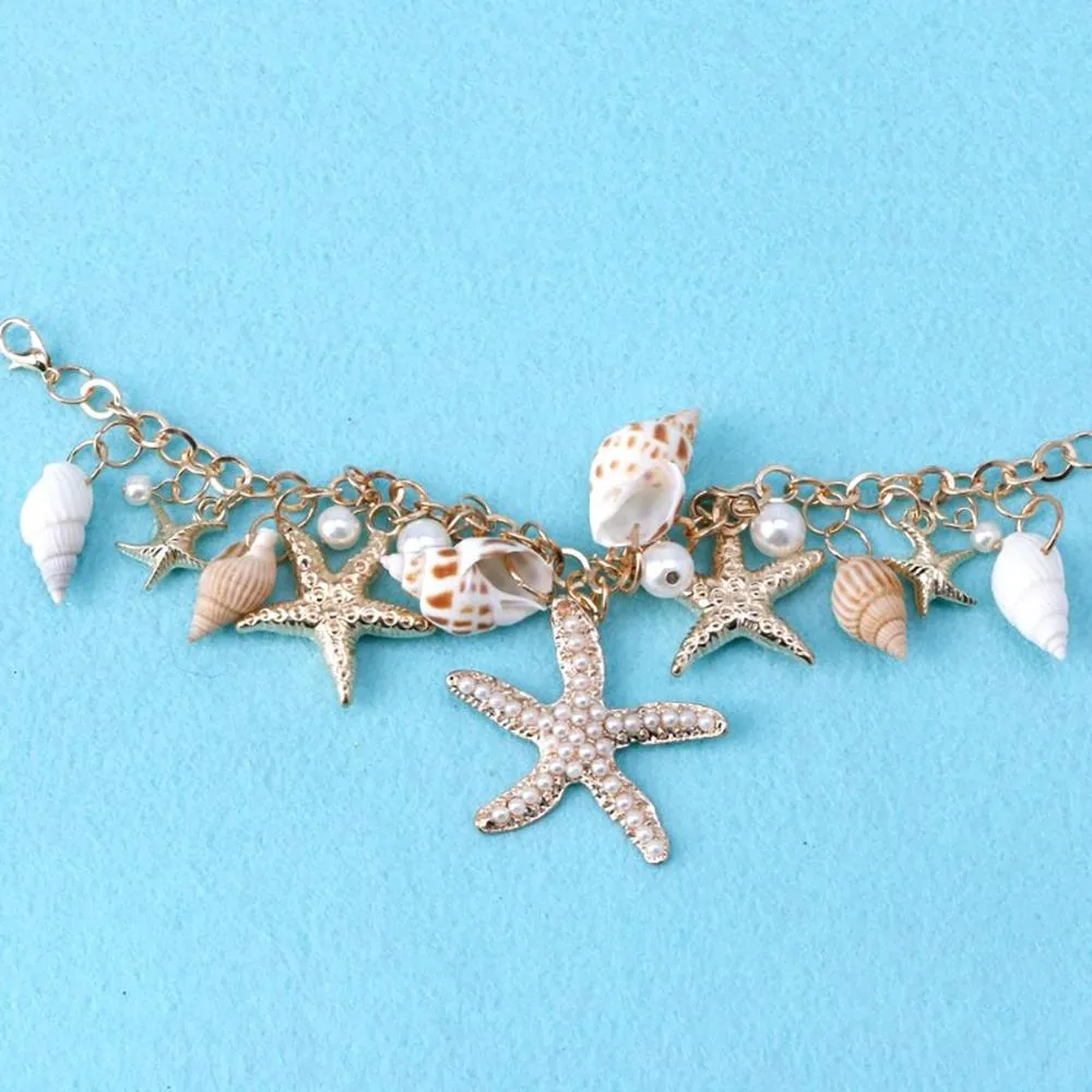 Lovely Sea Shells And Starfish Bracelet With Faux Pearl Charms