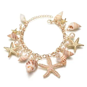 Lovely Sea Shells And Starfish Bracelet With Faux Pearl Charms
