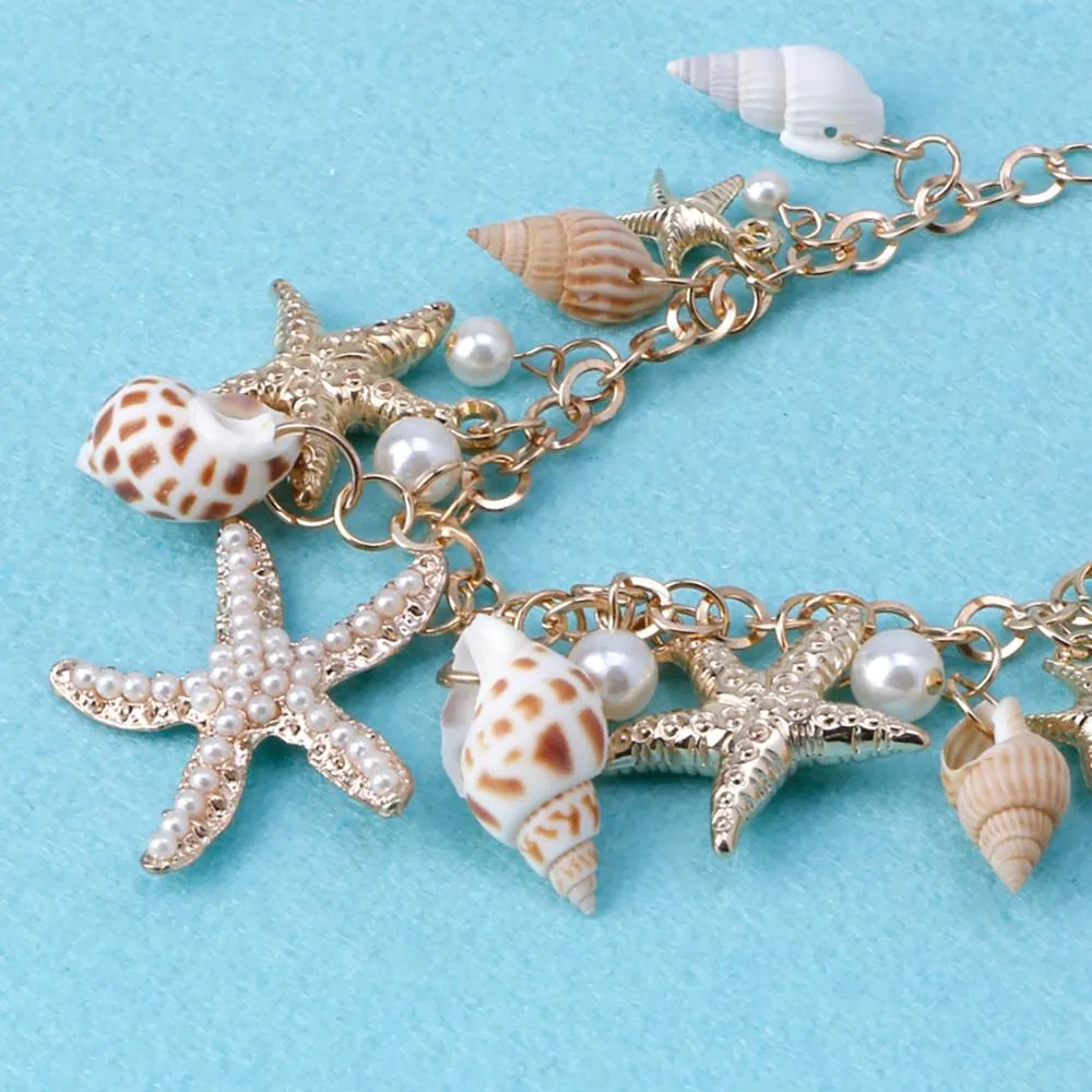 Lovely Sea Shells And Starfish Bracelet With Faux Pearl Charms