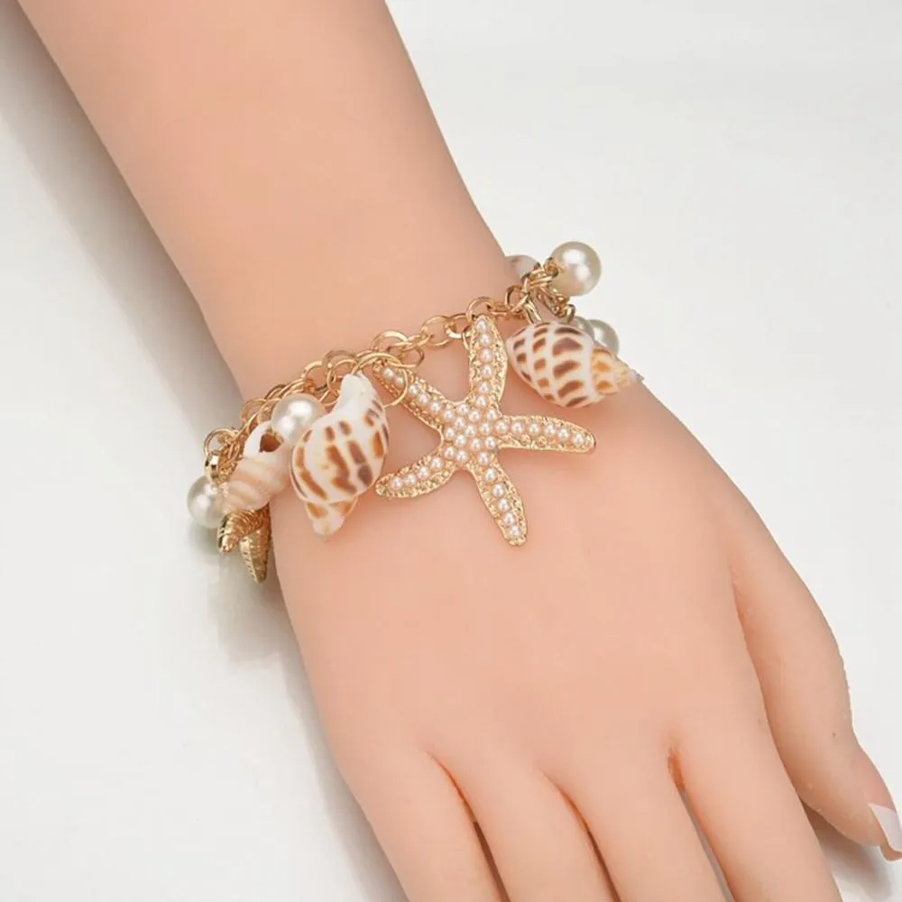 Lovely Sea Shells And Starfish Bracelet With Faux Pearl Charms