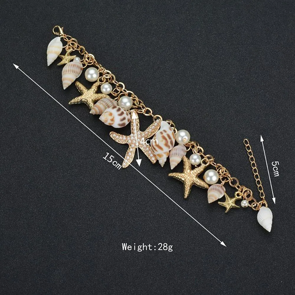Lovely Sea Shells And Starfish Bracelet With Faux Pearl Charms