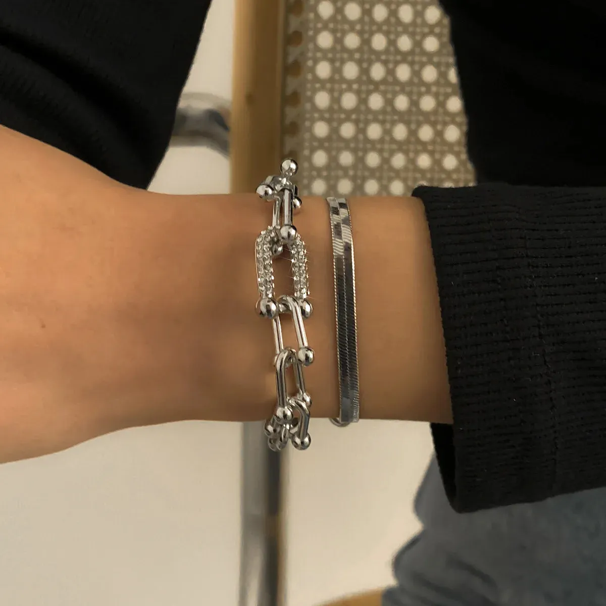 Luxurious Trendy Crystal U-Shape Links and Snake Chain Set Bracelets for Women Fashion Jewelry Accessories
