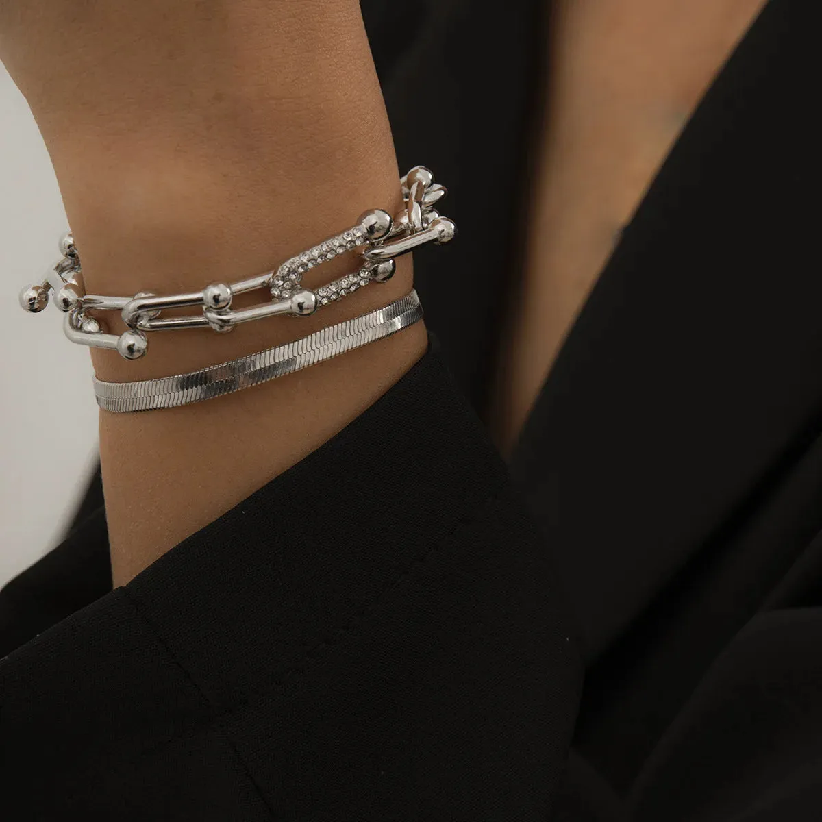 Luxurious Trendy Crystal U-Shape Links and Snake Chain Set Bracelets for Women Fashion Jewelry Accessories