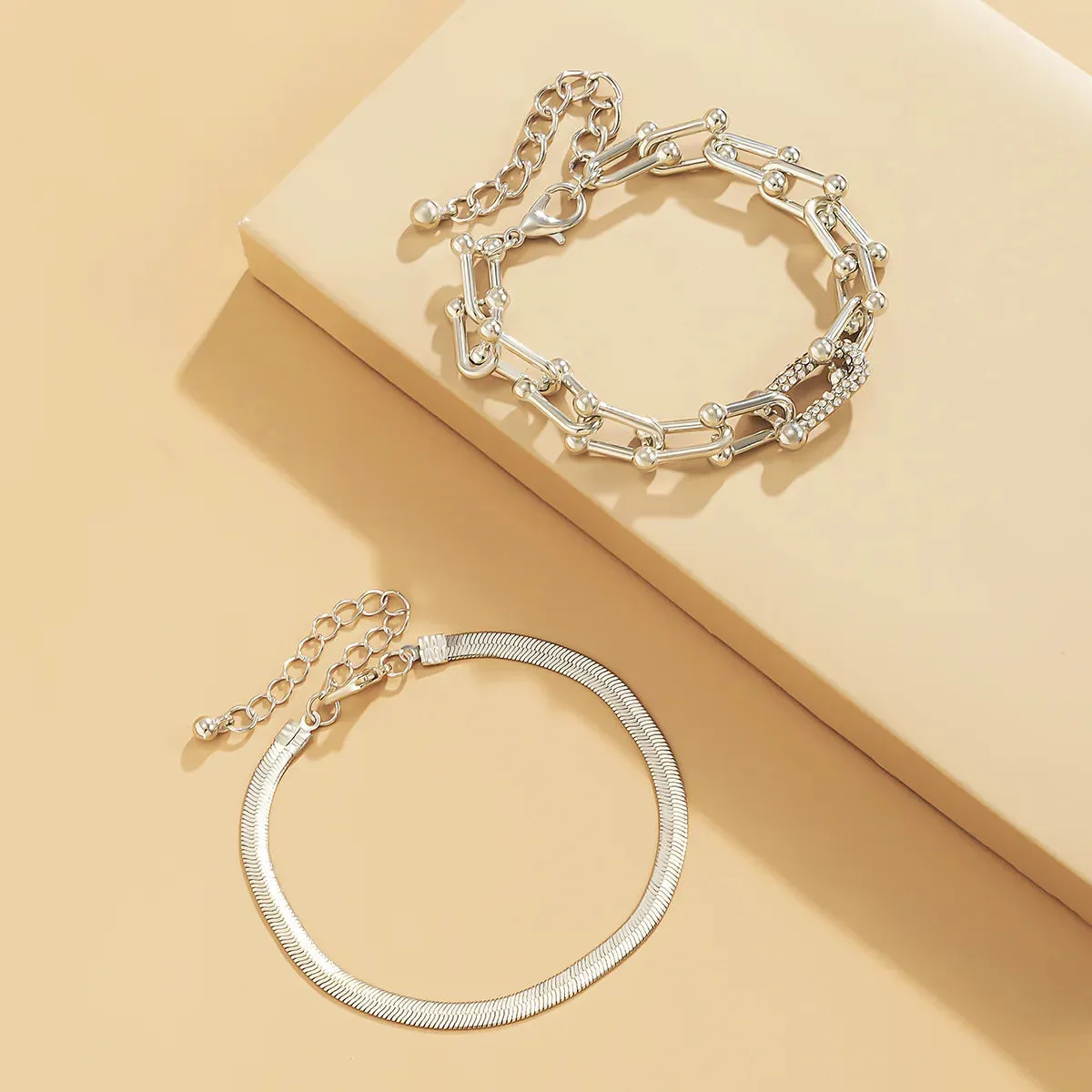 Luxurious Trendy Crystal U-Shape Links and Snake Chain Set Bracelets for Women Fashion Jewelry Accessories