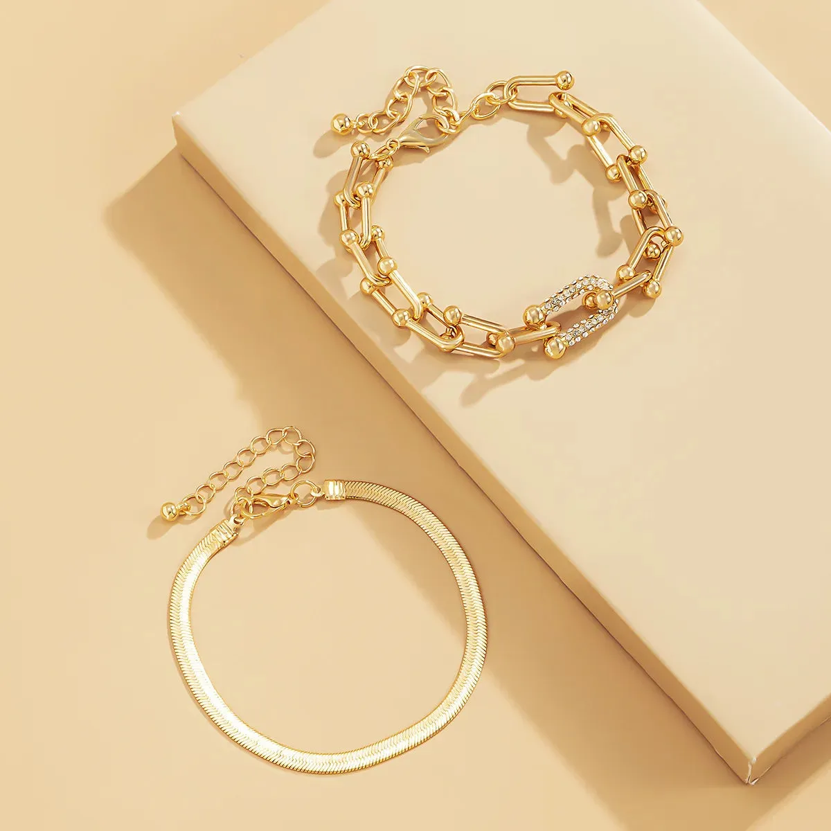 Luxurious Trendy Crystal U-Shape Links and Snake Chain Set Bracelets for Women Fashion Jewelry Accessories