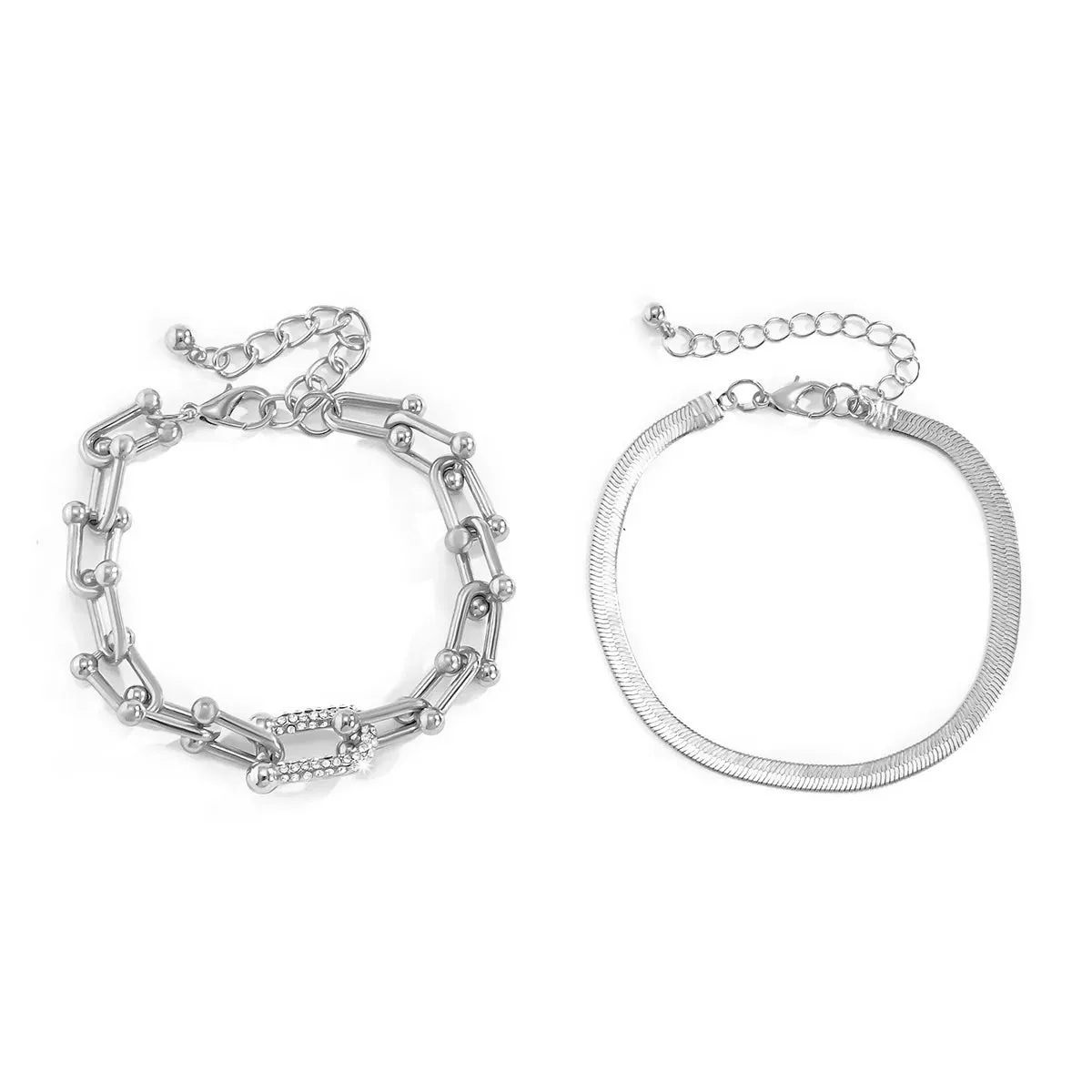 Luxurious Trendy Crystal U-Shape Links and Snake Chain Set Bracelets for Women Fashion Jewelry Accessories