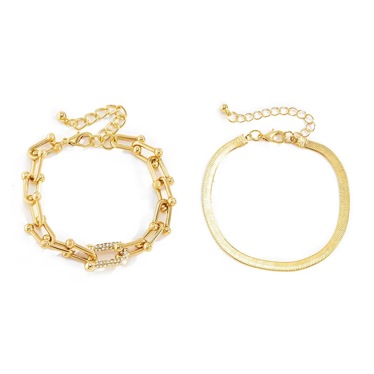 Luxurious Trendy Crystal U-Shape Links and Snake Chain Set Bracelets for Women Fashion Jewelry Accessories