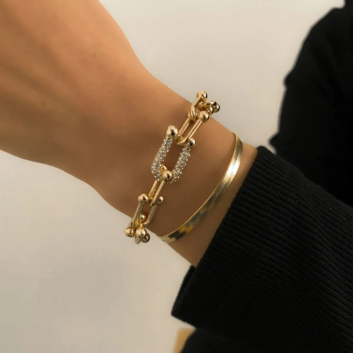 Luxurious Trendy Crystal U-Shape Links and Snake Chain Set Bracelets for Women Fashion Jewelry Accessories