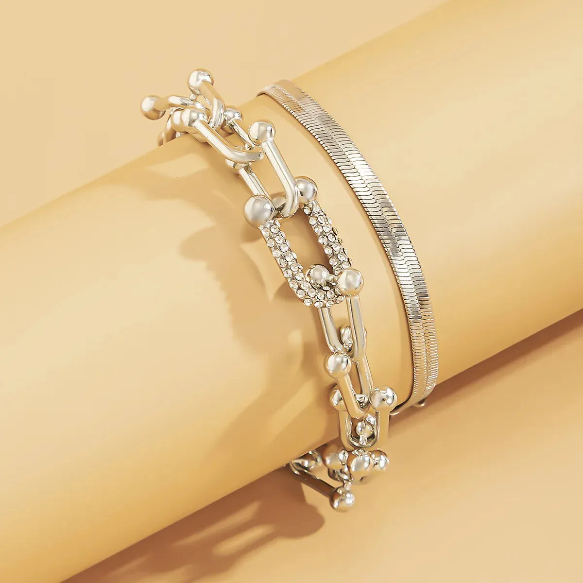 Luxurious Trendy Crystal U-Shape Links and Snake Chain Set Bracelets for Women Fashion Jewelry Accessories