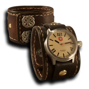 Medium Brown Stressed Leather Cuff Watch Stainless 42MM Sapphire
