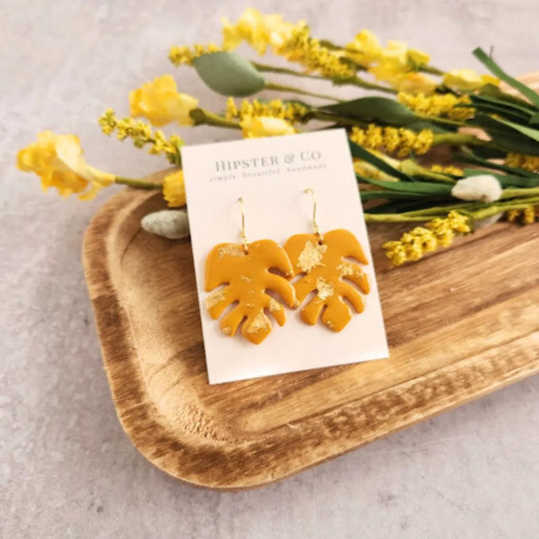 Mustard Yellow Monstera Leaf Earrings