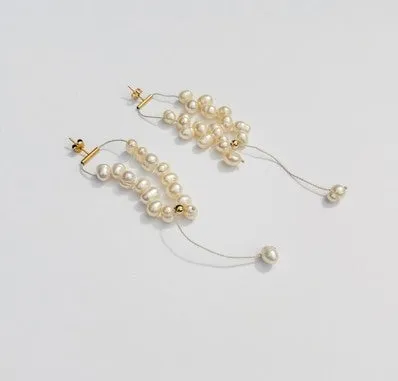Pearl Cluster Earrings with Freshwater Pearls in White Color