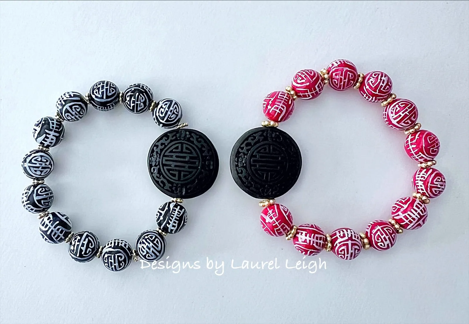 Red & Black Chinoiserie Cinnabar Focal Bead Bracelet