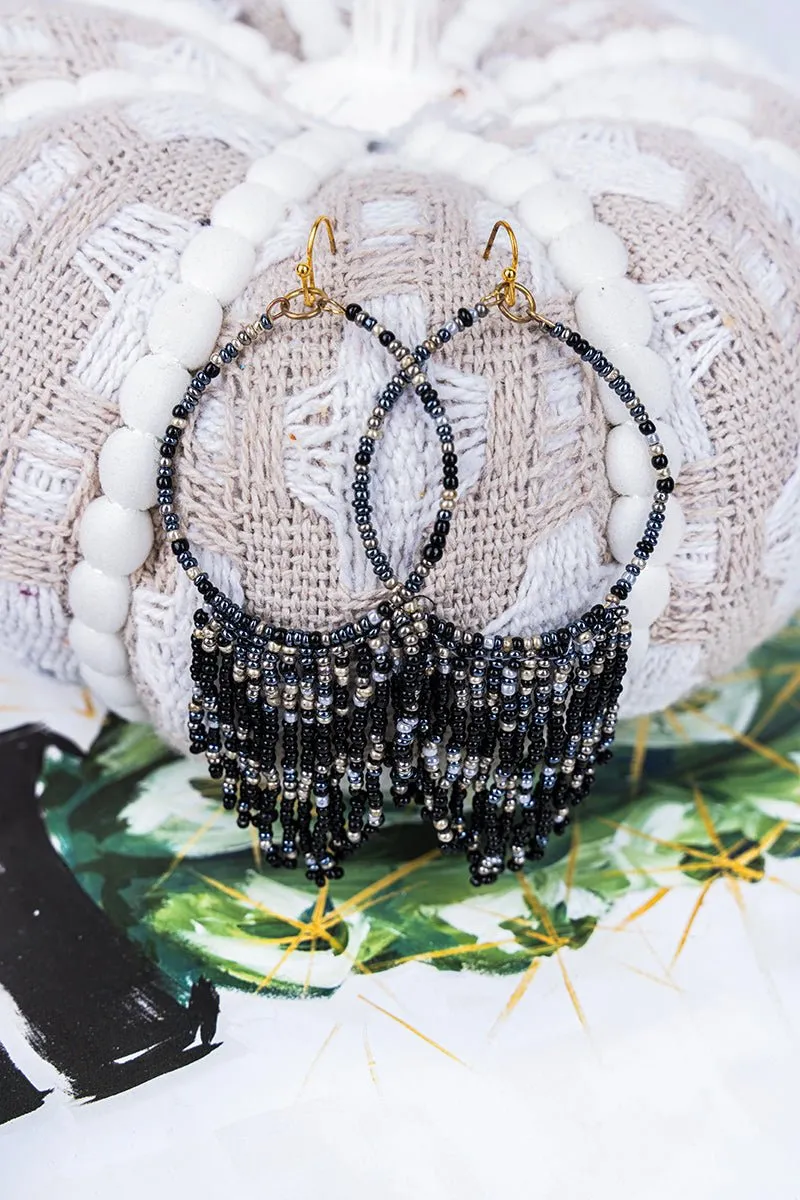 SALE! Black Seed Bead Teardrop Fringe Earrings