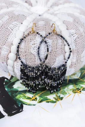 SALE! Black Seed Bead Teardrop Fringe Earrings