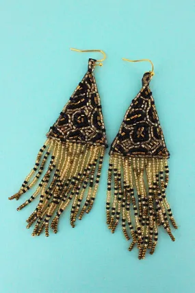 SALE! Gold Leopard Seed Bead Triangle Fringe Earrings