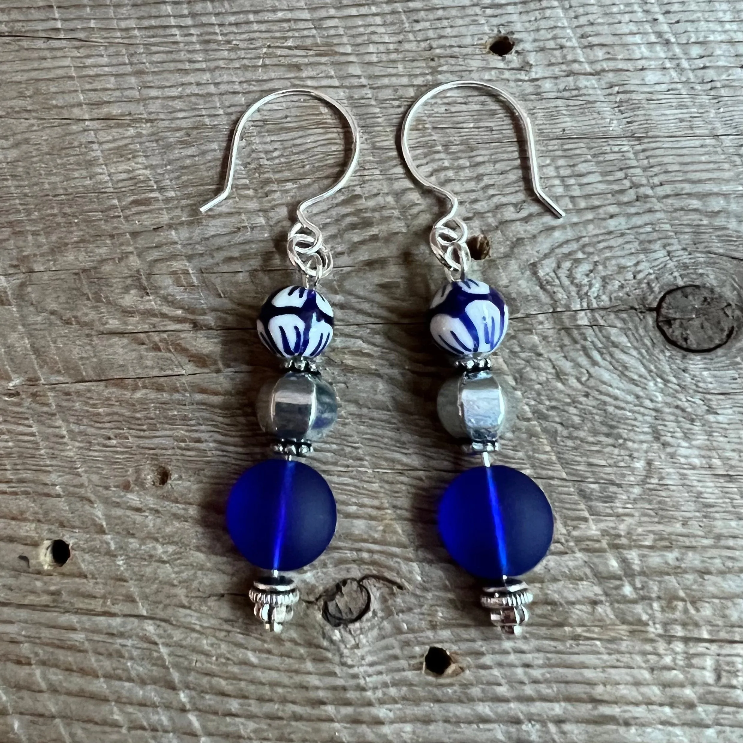 SariBlue® Boho Blue and White Ceramic Bead with a Cobalt Blue Seaglass Coin and Pewter Bead Earrings