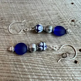 SariBlue® Boho Blue and White Ceramic Bead with a Cobalt Blue Seaglass Coin and Pewter Bead Earrings