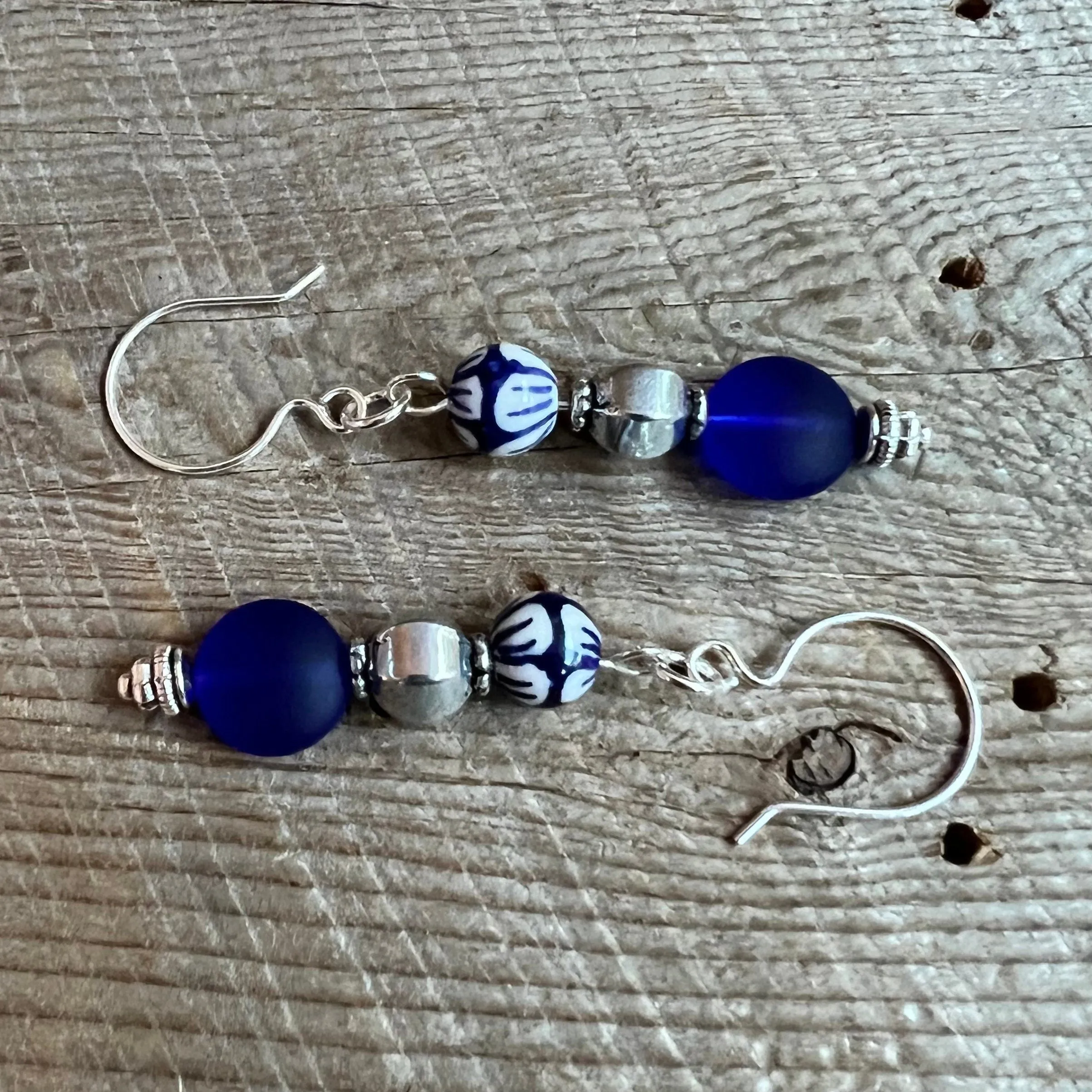 SariBlue® Boho Blue and White Ceramic Bead with a Cobalt Blue Seaglass Coin and Pewter Bead Earrings