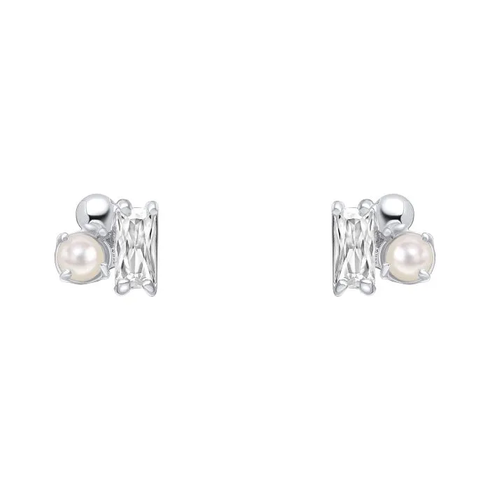 Silver Cubic Zirconia And Freshwater Pearl Cluster Stud Earrings E6482W